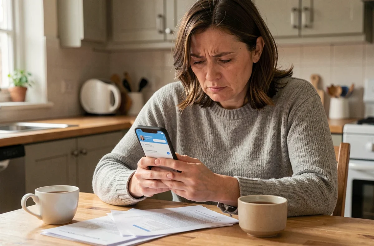Femme cherchant un médecin généraliste sur une application mobile à la maison, illustrant le problème du désert médical