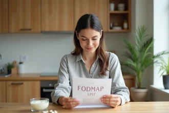 Femme lisant une liste d'aliments FODMAP avec des probiotiques et un yaourt sur une table de cuisine en bois