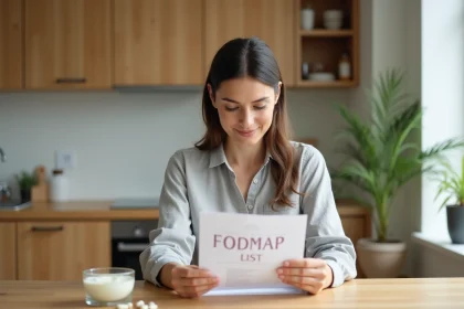 Femme lisant une liste d'aliments FODMAP avec des probiotiques et un yaourt sur une table de cuisine en bois