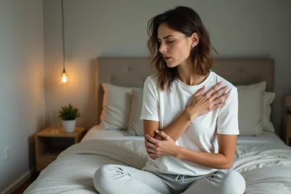 Femme en d&eacute;tente pratiquant la respiration calme dans sa chambre