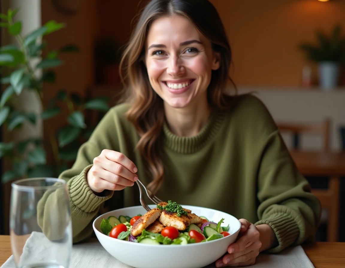 Femme dégustant un repas équilibré sans oignon à la maison, illustrant une alimentation adaptée aux personnes allergiques