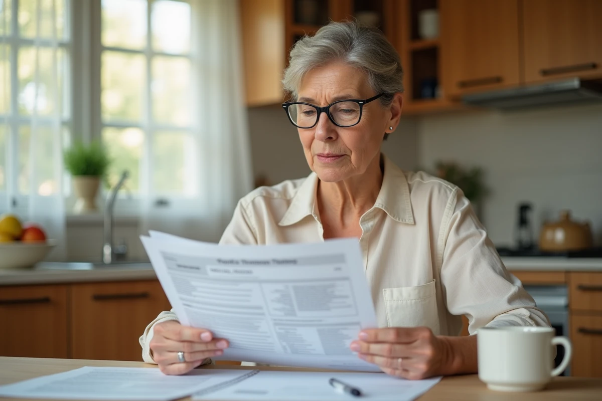 Femme de 45 ans lisant ses résultats d'analyses hormonales liées aux kystes ovariens à domicile