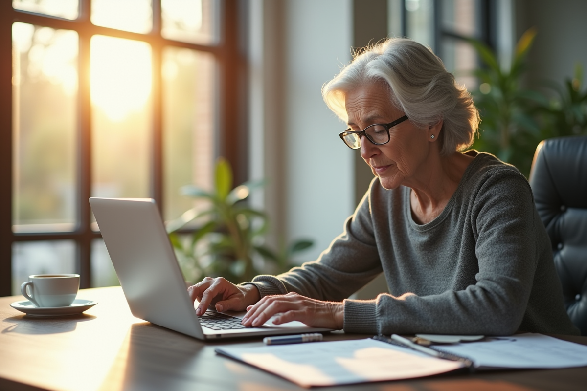 Femme mature utilisant un ordinateur pour calculer sa retraite