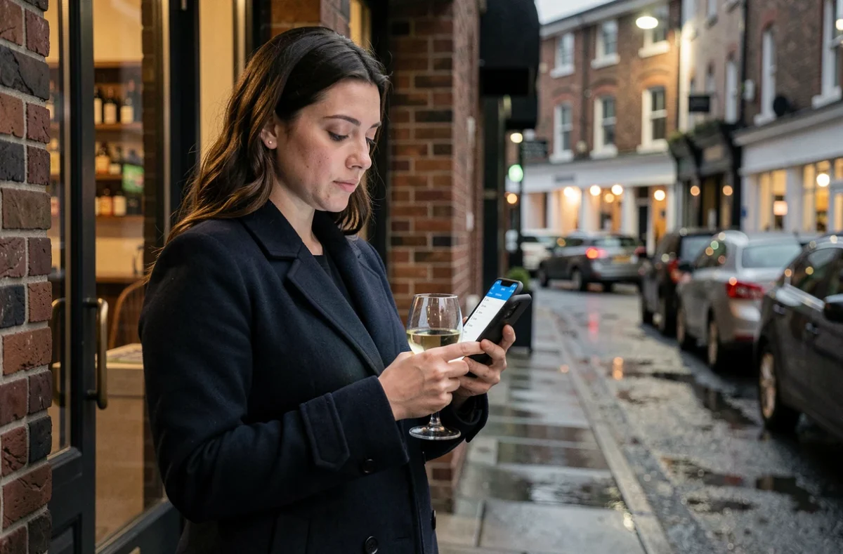 Femme consultant un simulateur d'alcool en ligne à la sortie d'un bar avant de conduire
