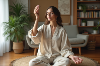 Femme paisible faisant un rituel avec un bâton de sauge