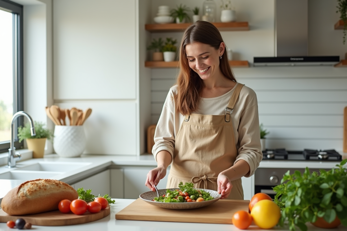 Femme heureuse préparant une salade colorée dans une cuisine moderne