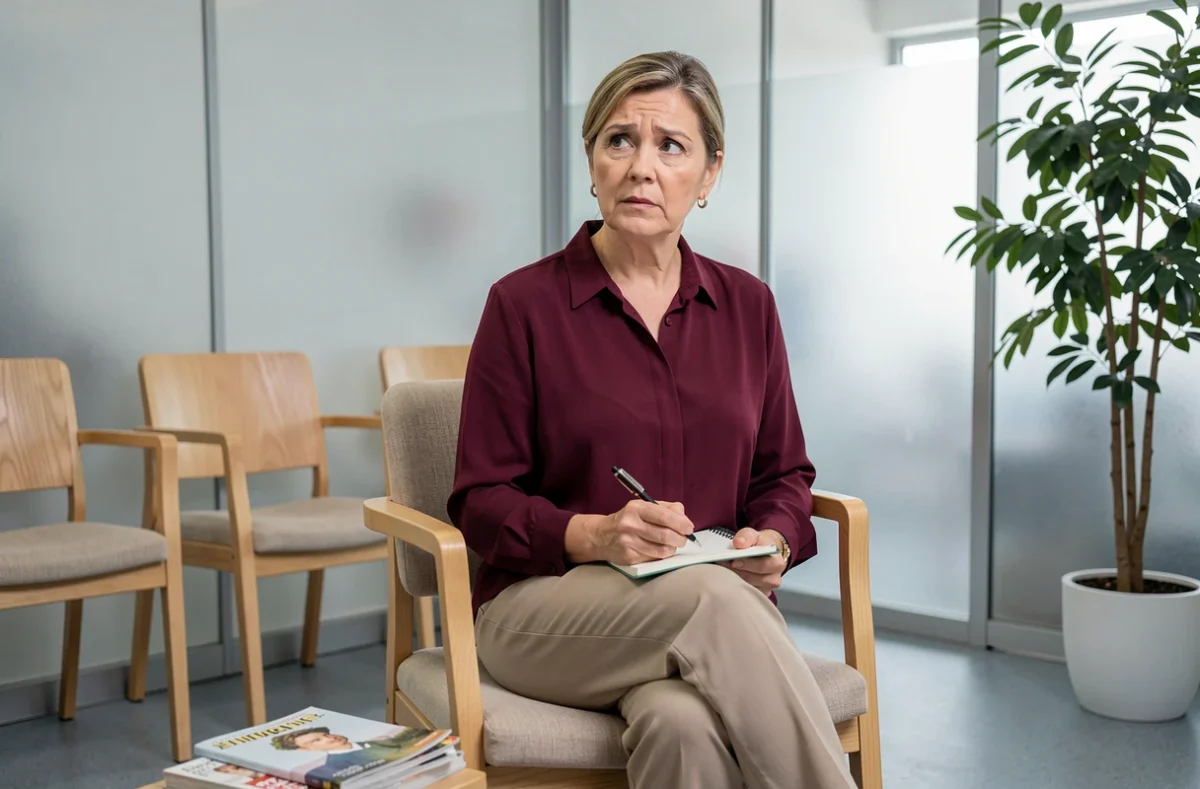 Femme d'une cinquantaine d'années dans une salle d'attente médicale avec un carnet de notes, symbolisant la démarche de consulter un médecin pour une prise de poids inexpliquée