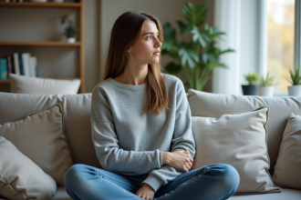 Jeune femme pensive dans un salon moderne et calme