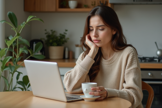 Femme pensant avec tasse de tisane dans une cuisine moderne