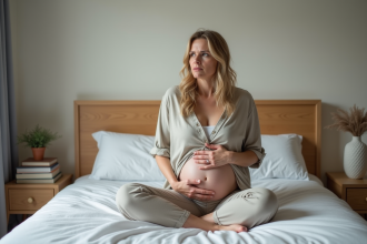 Femme assise sur le lit avec une expression préoccupée