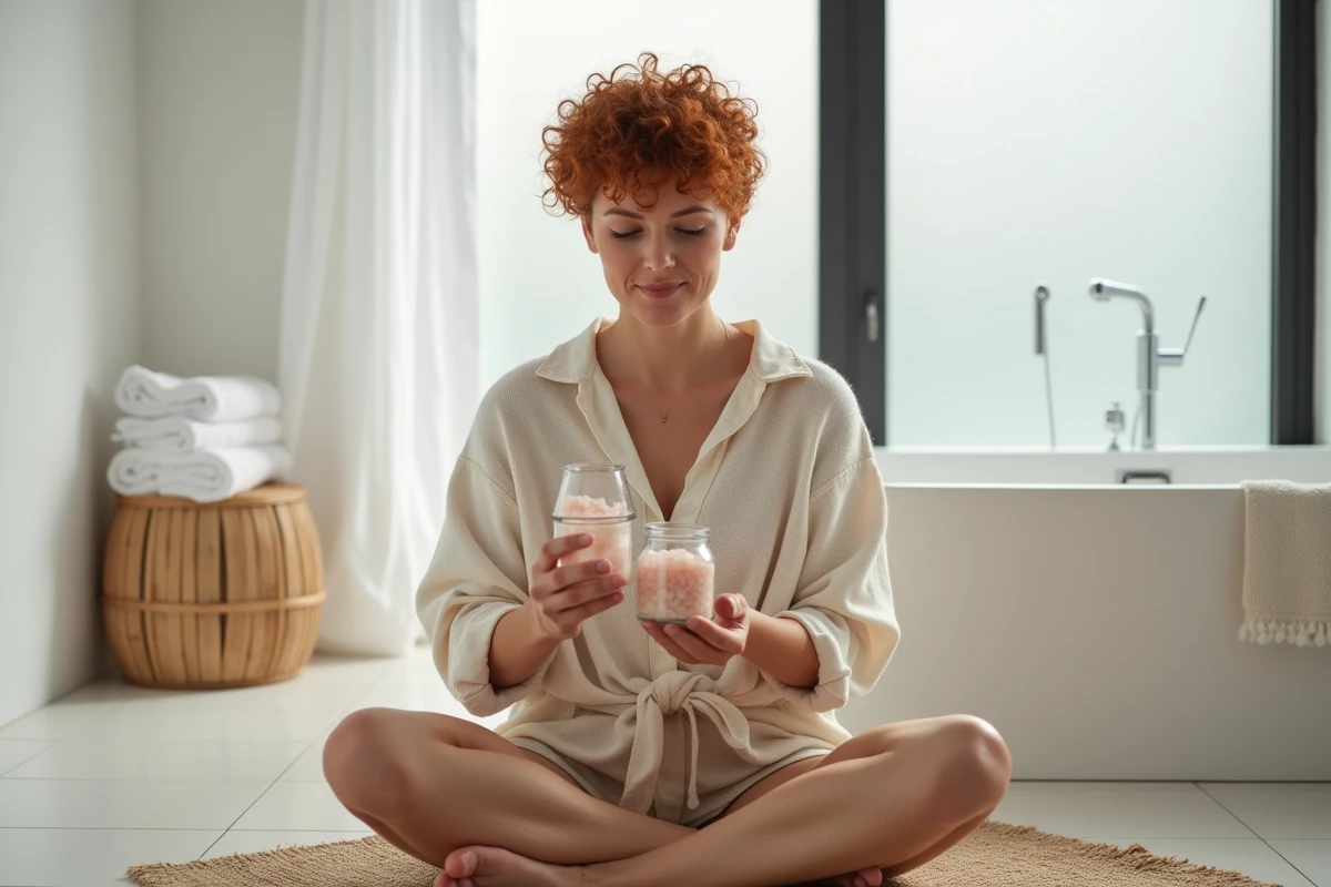 Femme tenant un bocal de sel rose de l'Himalaya dans une salle de bain minimaliste, découvrant ses bienfaits capillaires