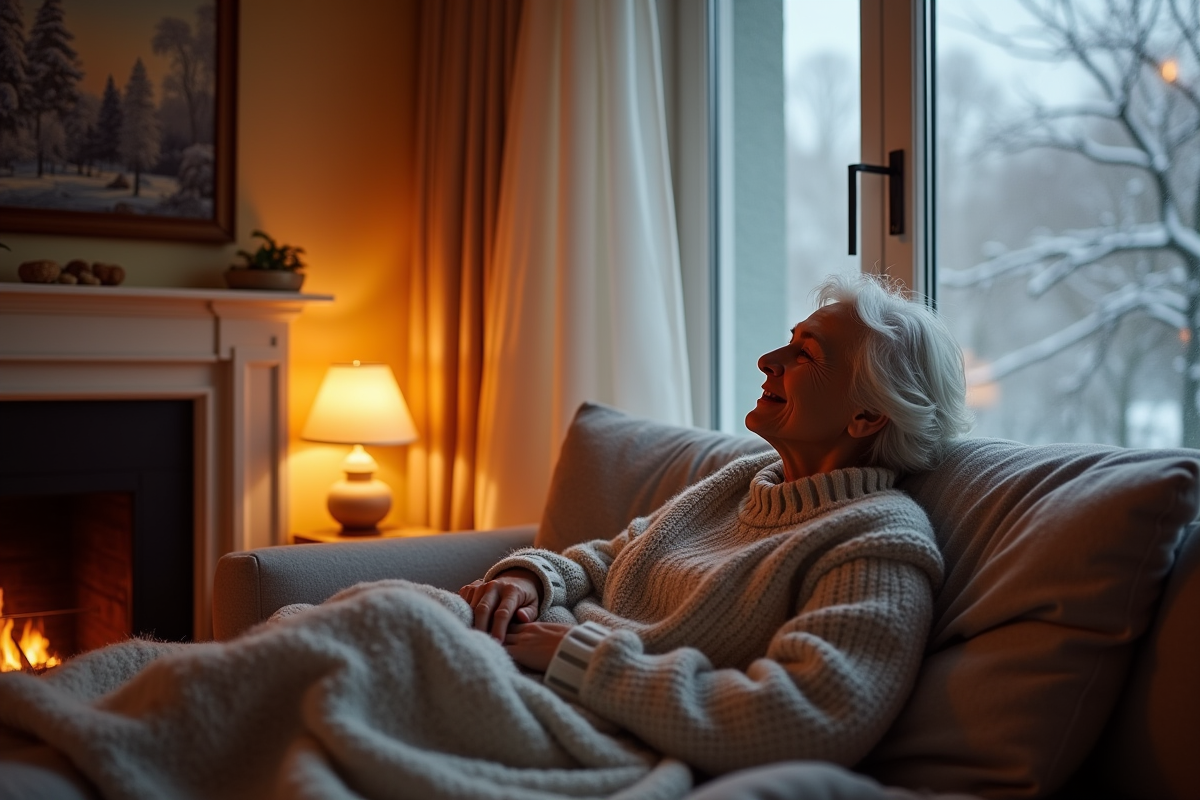 Femme senior se relaxant dans un salon chaleureux hiver