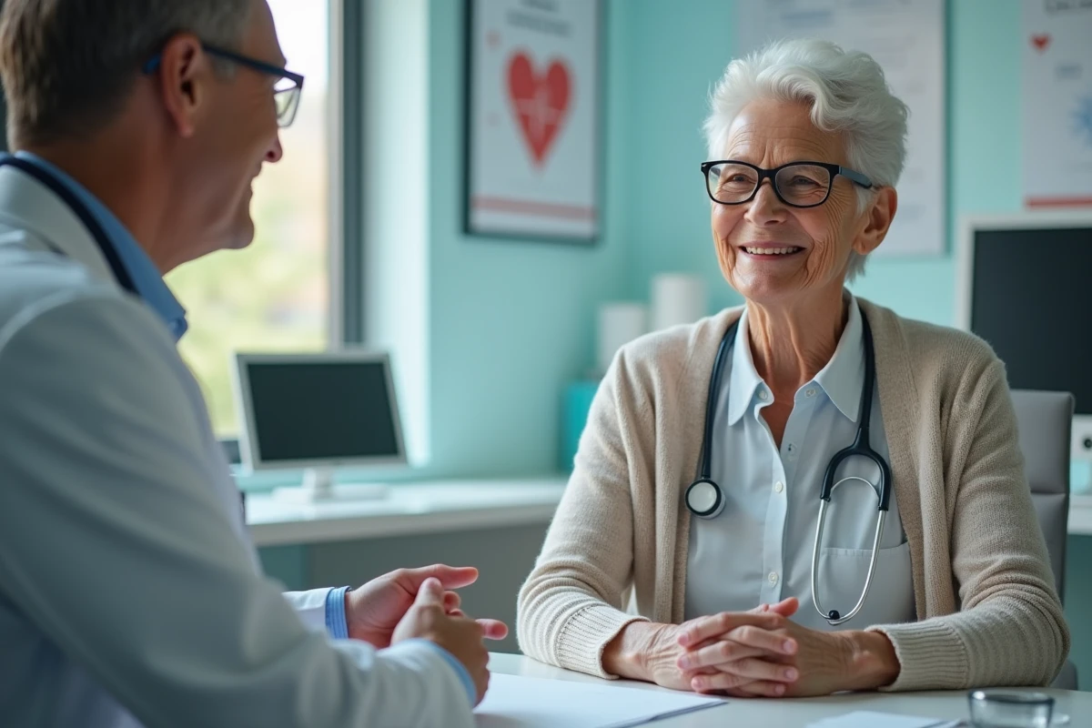 Femme &acirc;g&eacute;e souriante parlant avec un cardiologue dans un cabinet m&eacute;dical lumineux