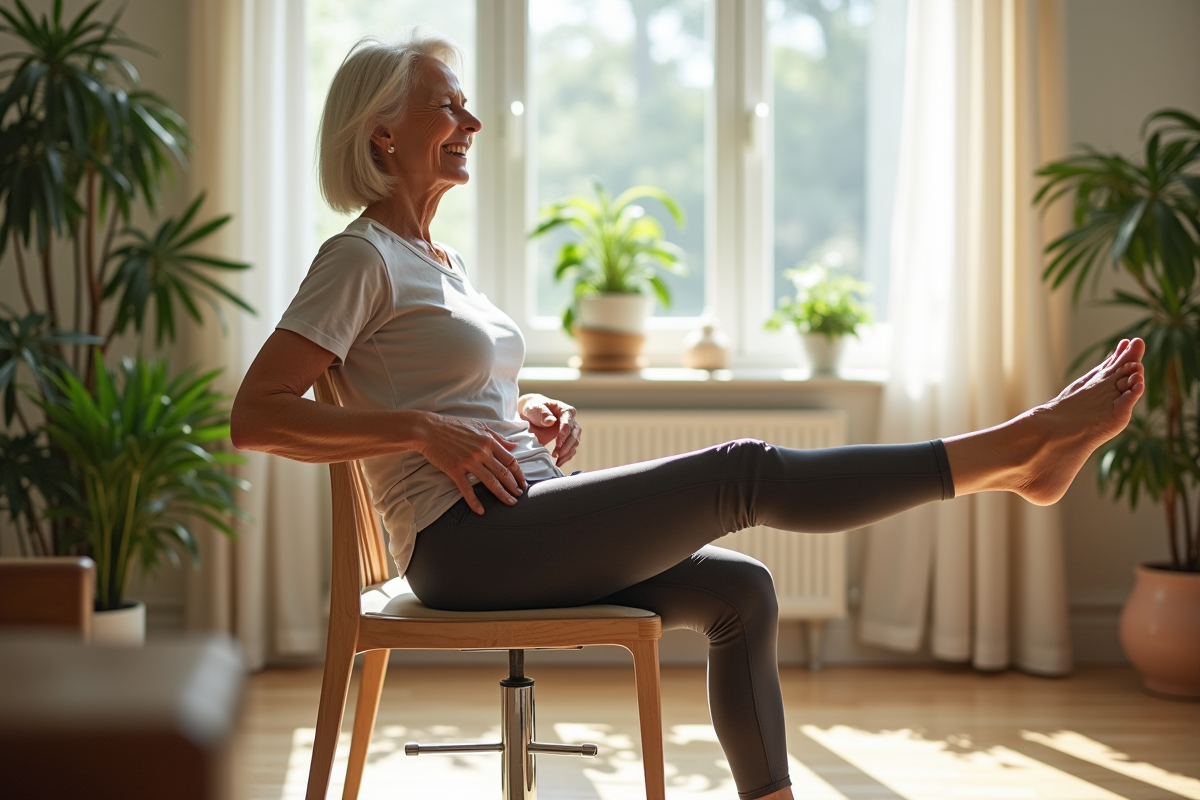 Femme senior souriante faisant un exercice à la maison