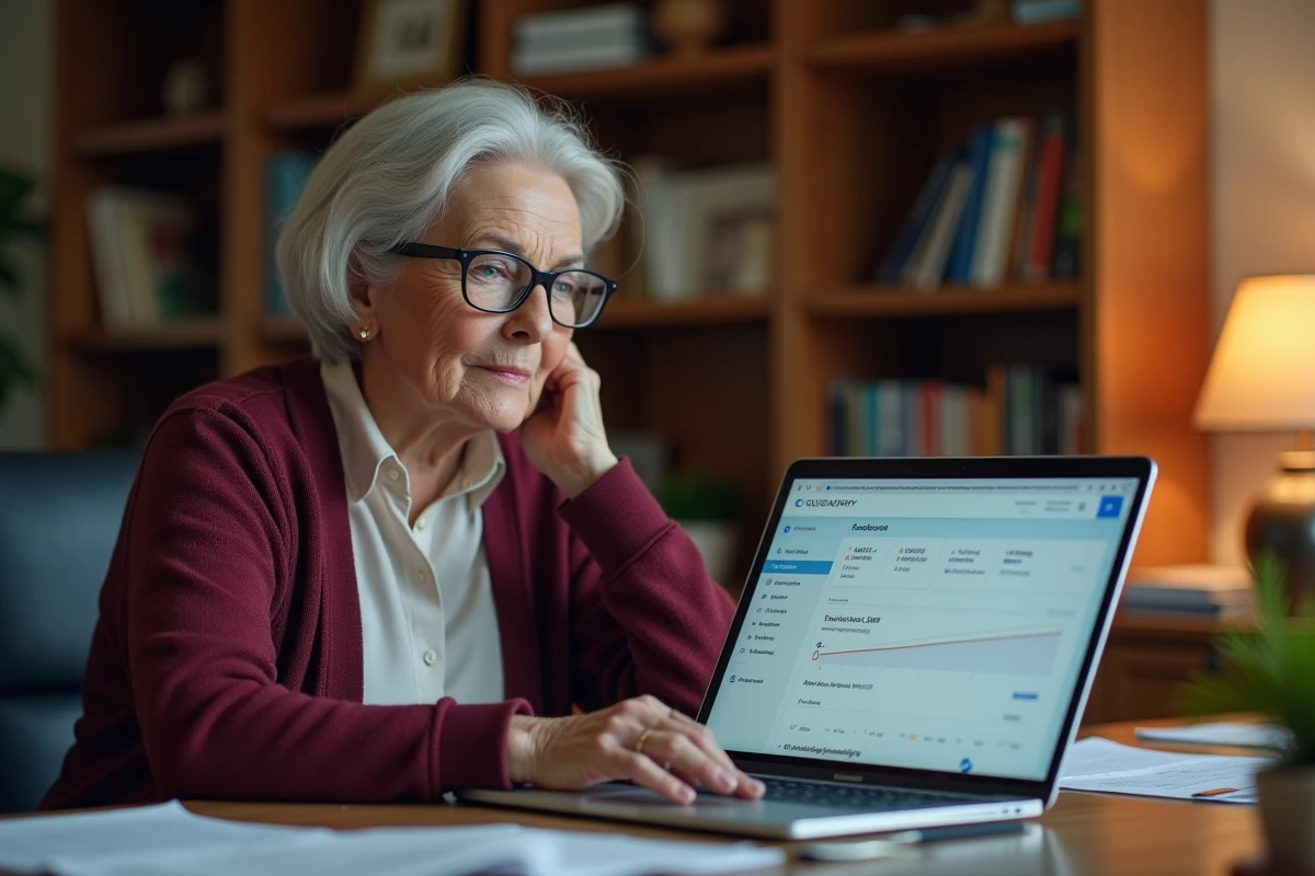 Femme senior gérant ses annulations et rendez-vous médicaux sur le site KelDoc depuis son bureau