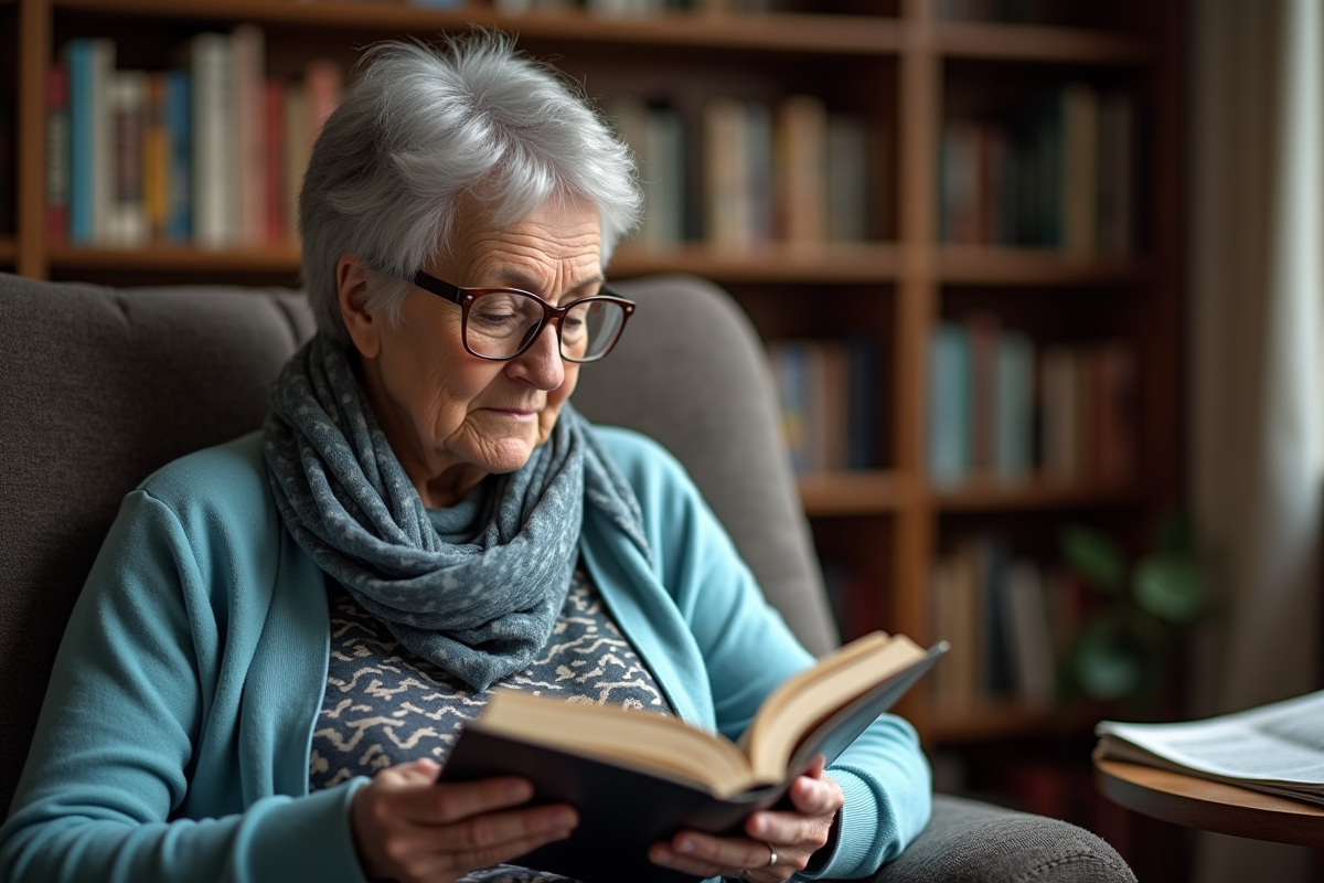 Femme senior lisant un livre dans son salon chaleureux