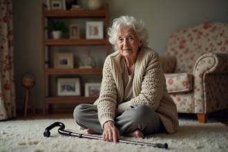 Femme âgée assise sur le sol dans un salon chaleureux