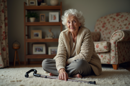 Femme &acirc;g&eacute;e assise sur le sol dans un salon chaleureux