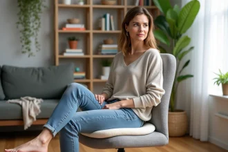 Femme assise sur un fauteuil ergonomique dans un salon lumineux