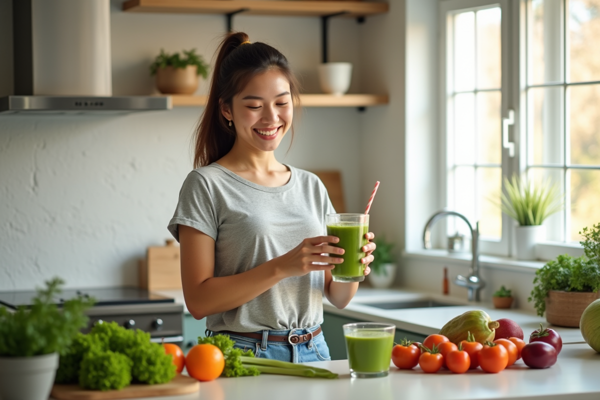 Femme souriante préparant un smoothie vert dans une cuisine lumineuse