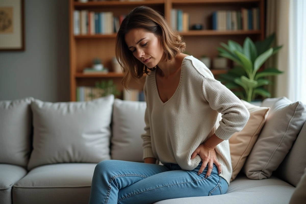 Femme assise sur un canapé se tenant le dos avec inquiétude