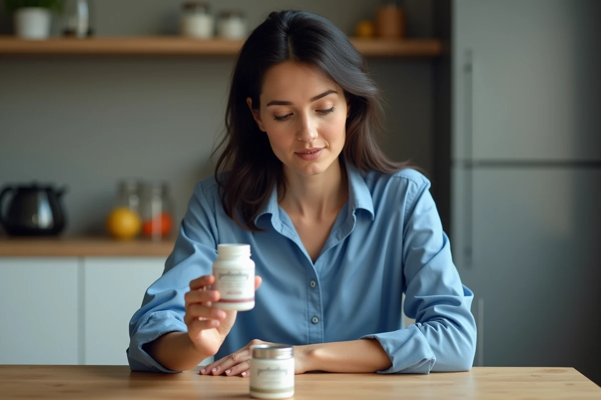 Femme lisant une étiquette de supplément postbiotique