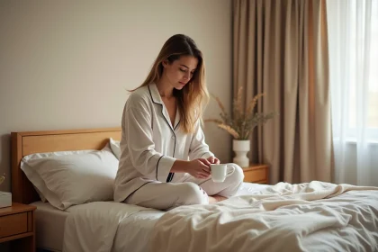 Femme en pyjamas versant du th&eacute; dans un mug dans la chambre