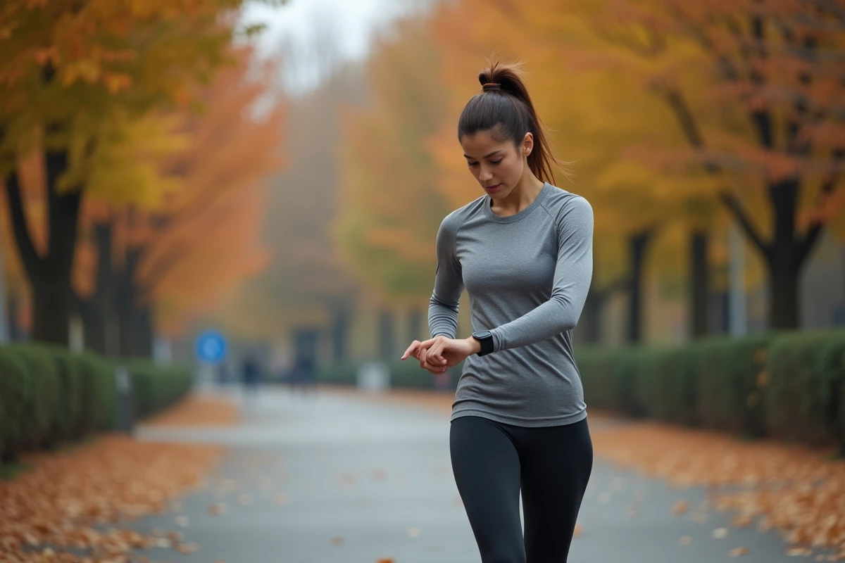 Femme mesurant ses pas avec un tracker de fitness pendant une marche en parc pour perdre du poids