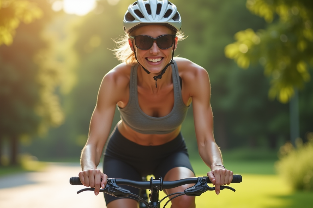 Femme sportive en vélo dans un parc ensoleille