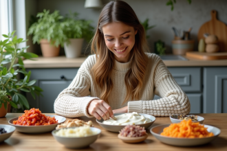 Femme souriante préparant des aliments probiotiques dans la cuisine