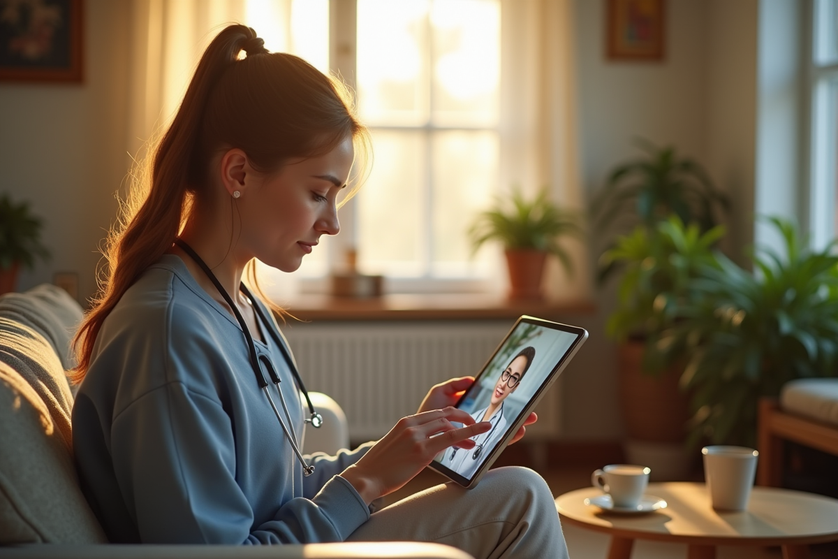 Jeune femme en vidéo consultation médicale à la maison