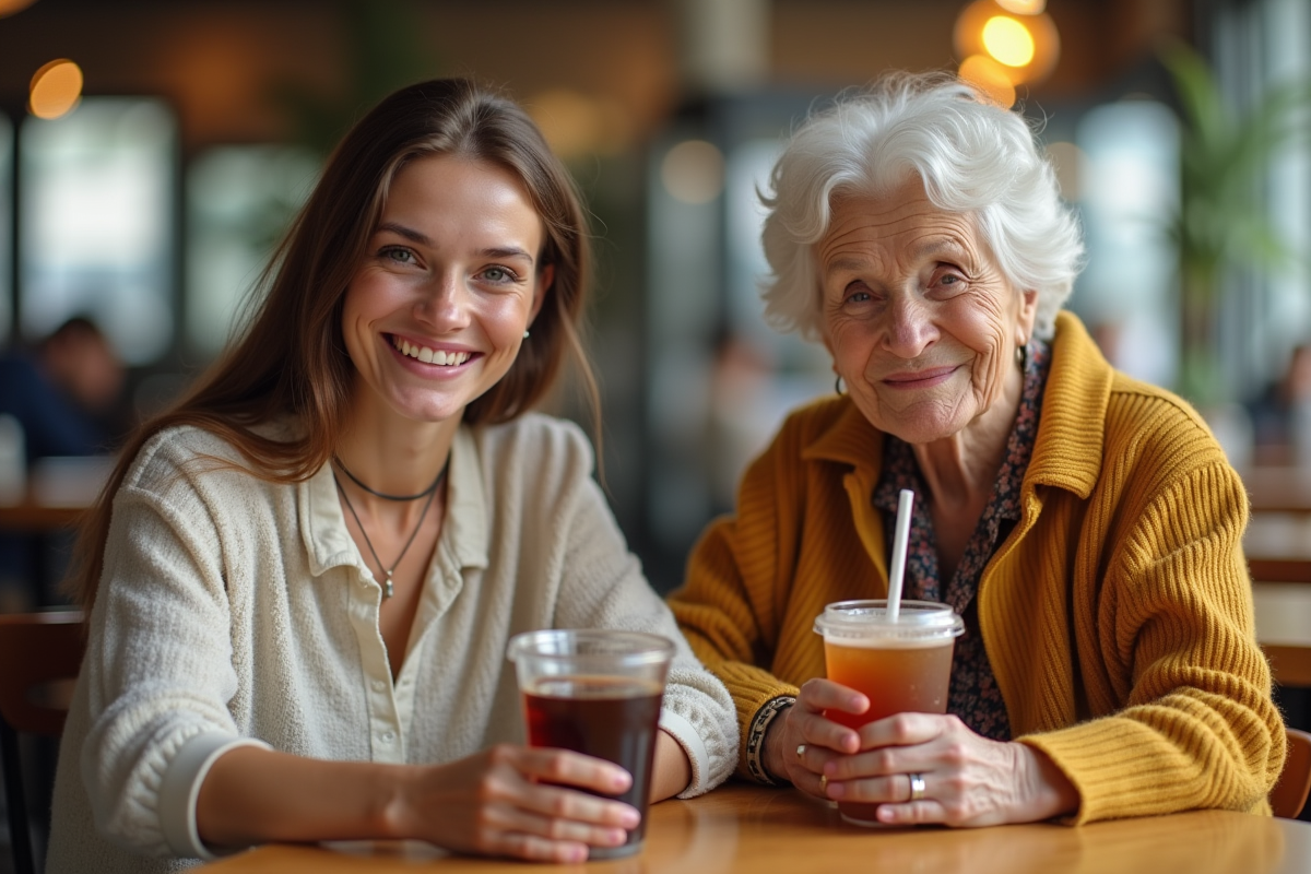 Jeune femme et femme âgée au café avec boissons contrastantes