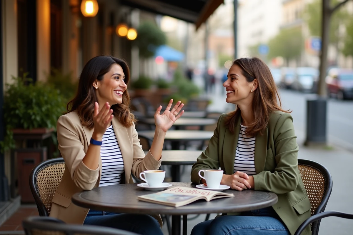 Deux femmes discutant autour d'un magazine de psychologie positive en terrasse de café parisien