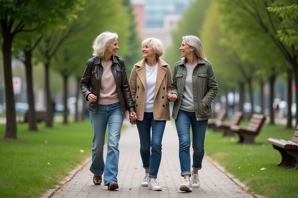 Trois femmes de différents âges marchant dans un parc urbain