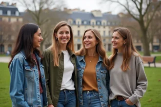 Groupe de femmes françaises souriantes dans un parc parisien