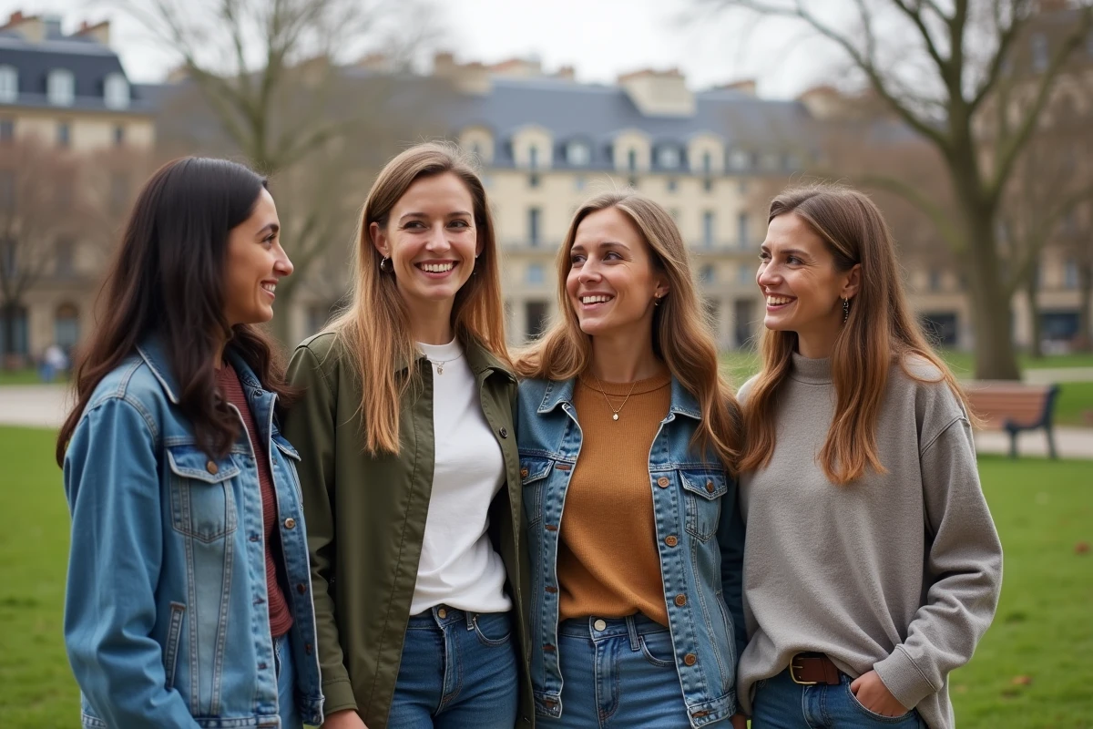 Groupe de femmes françaises souriantes dans un parc parisien