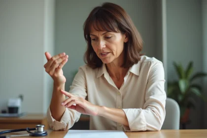 Femme tenant sa main droite lors d'une consultation médicale pour des fourmillements