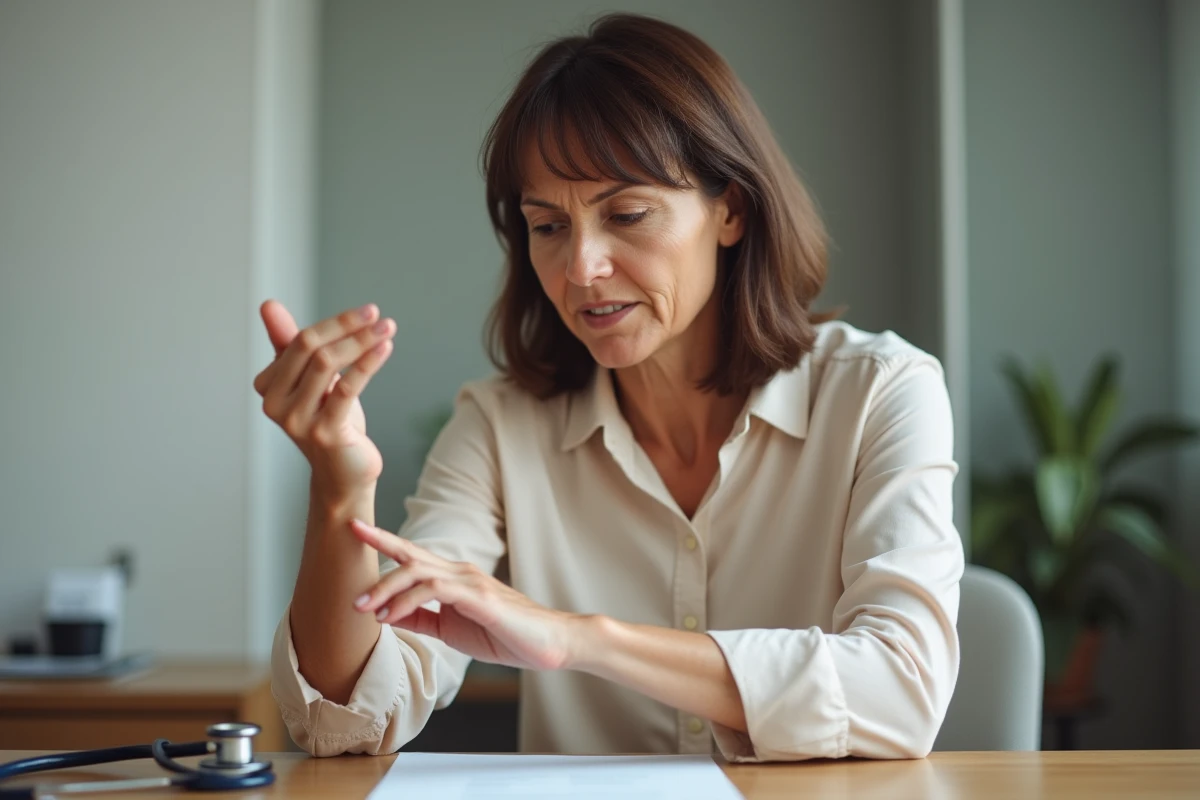 Femme tenant sa main droite lors d'une consultation médicale pour des fourmillements