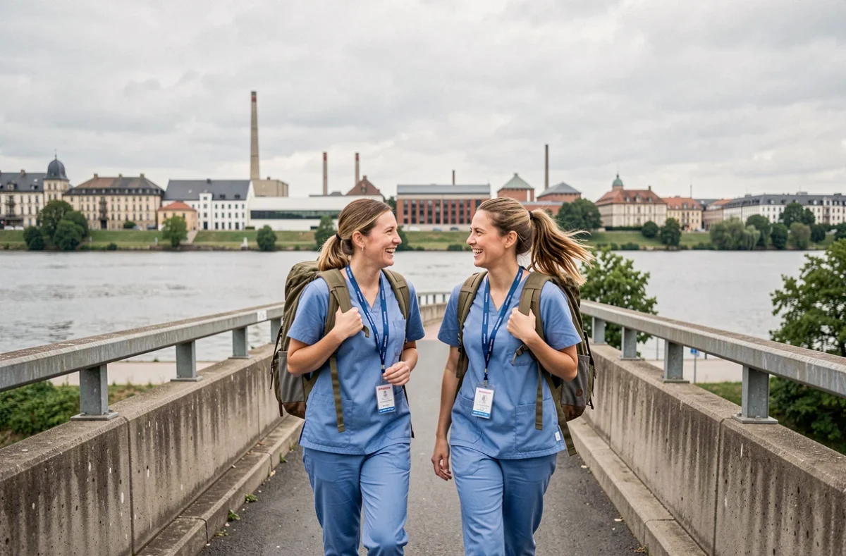 Deux aides soignantes frontalières traversant la frontière France-Luxembourg à pied pour leur travail