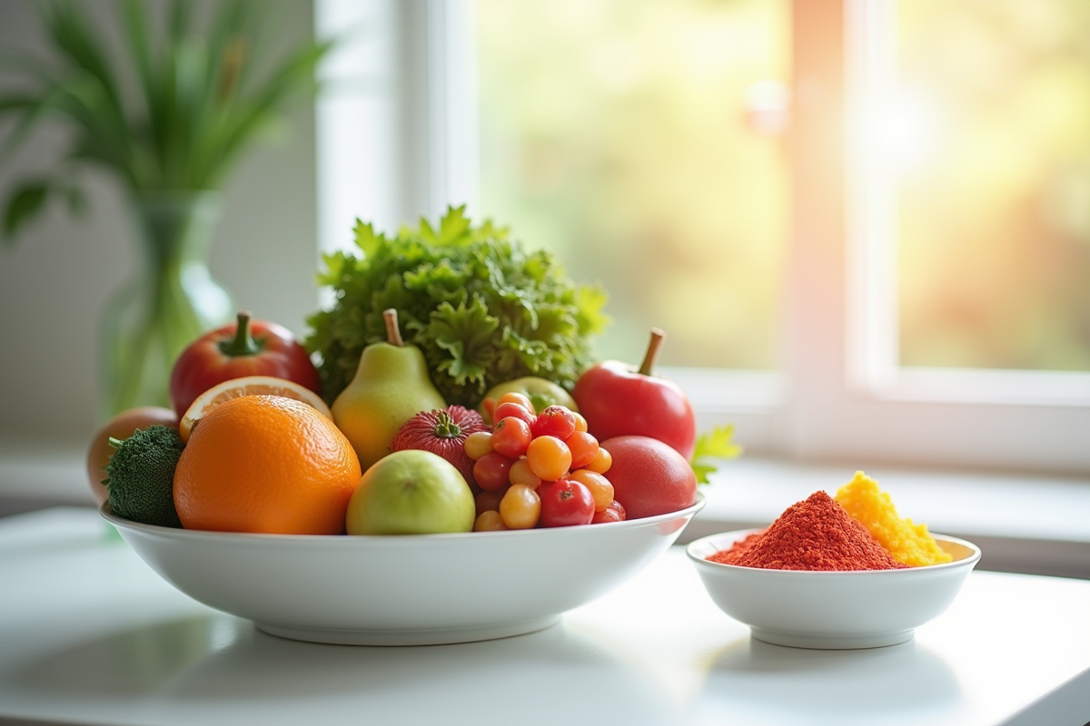 Bol de fruits et légumes frais avec petits bols d additifs colorés sur plan de travail blanc