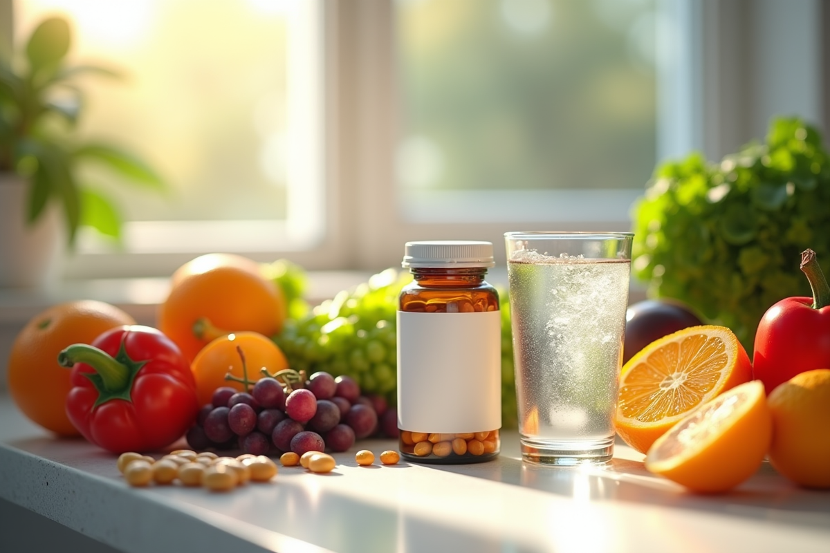Assortiment de fruits et légumes avec compléments alimentaires