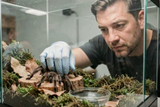 Keeper portant des gants en nitrile manipulant prudemment une mygale dans un terrarium naturalisé