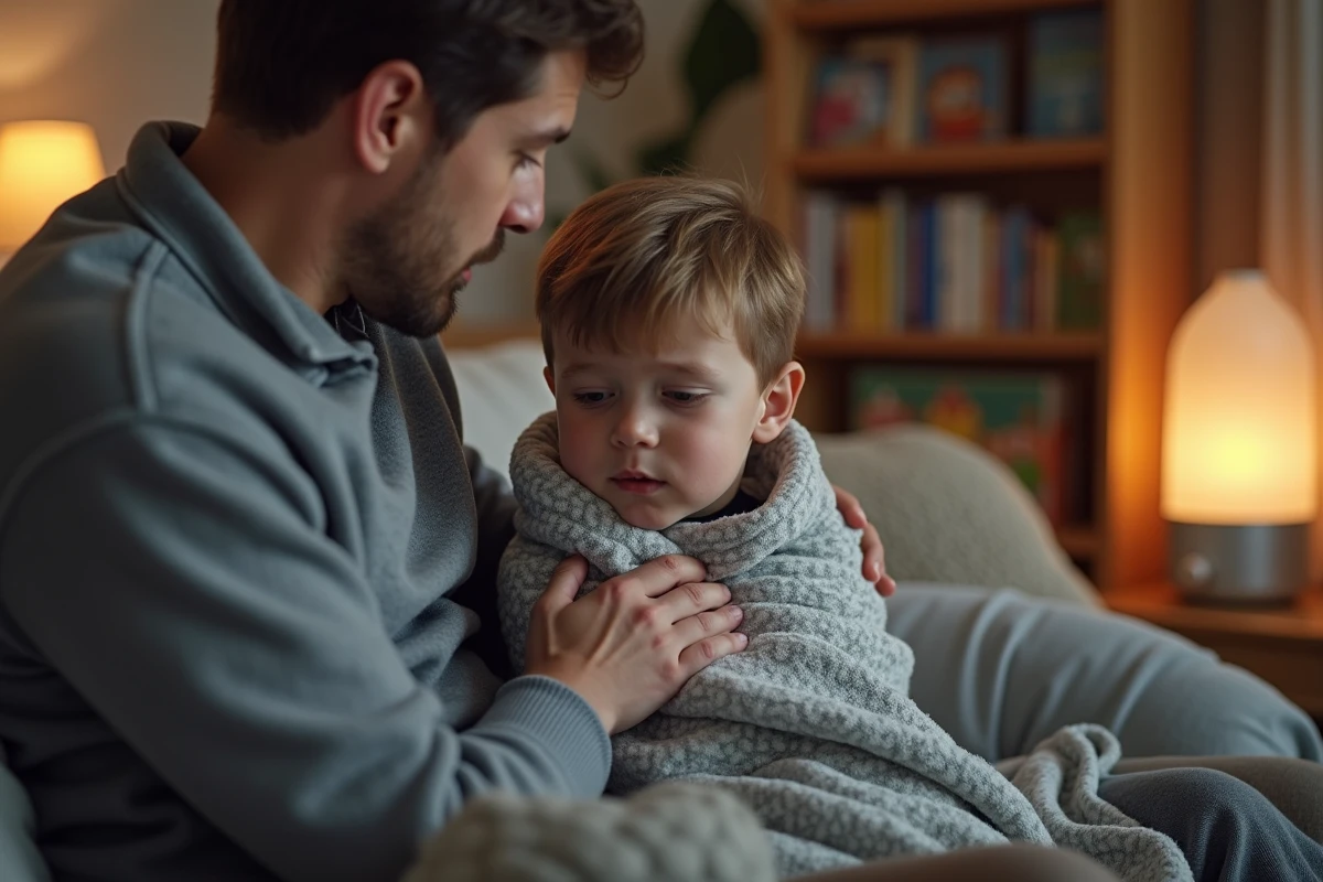Gar&ccedil;on de huit ans r&eacute;confort&eacute; par son p&egrave;re dans le salon