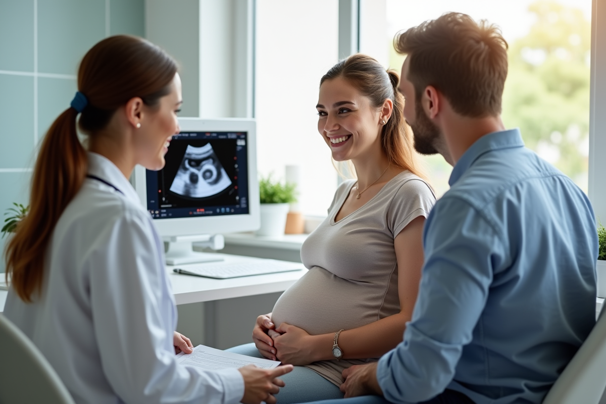 Femme enceinte et son partenaire avec un médecin regardant une échographie
