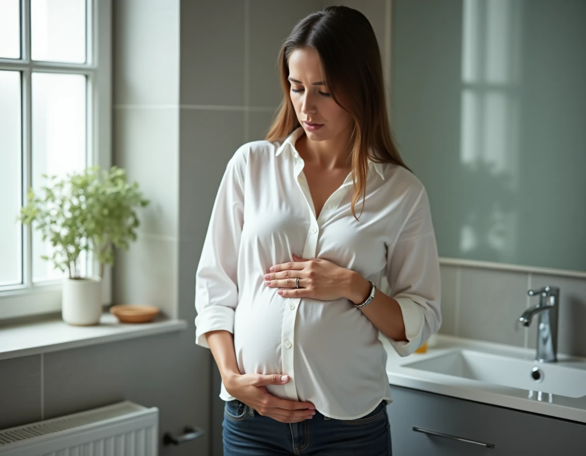 Femme enceinte debout dans une salle de bain, main sur le bas ventre gauche, expression de l&eacute;g&egrave;re douleur abdominale