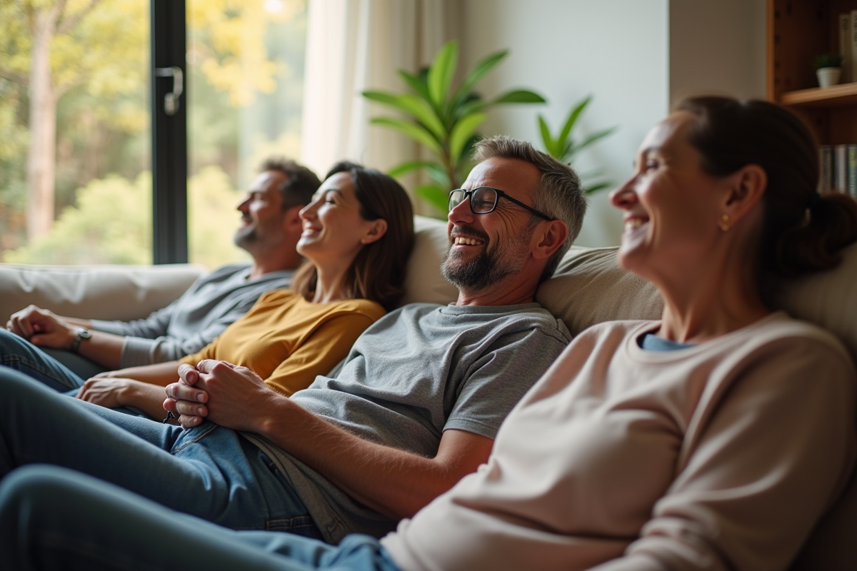 Groupe d'adultes avec supports médicaux dans un salon chaleureux