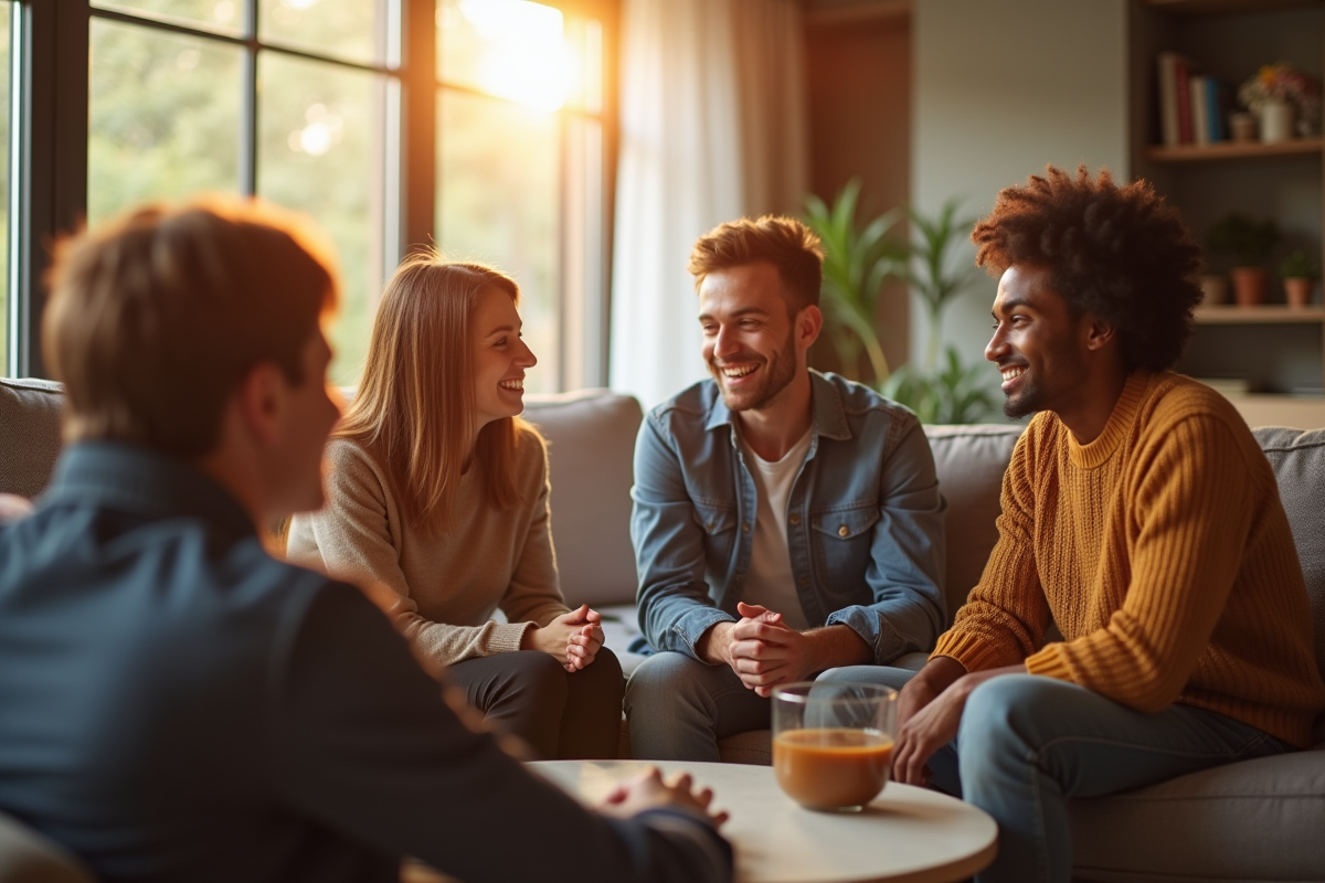 Groupe de personnes dans un salon chaleureux et moderne