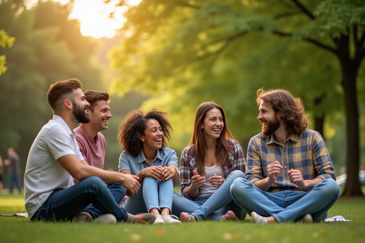 Groupe d'amis riant dans un parc ensoleille