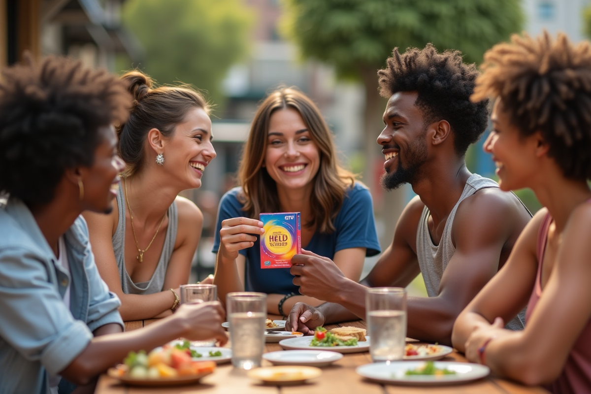 Groupe de jeunes souriants avec des condoms colorés à l'extérieur