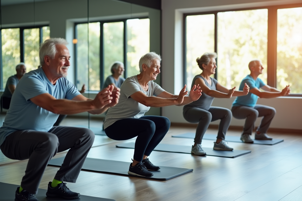 Groupe de seniors faisant des squats en salle de sport lumineuse